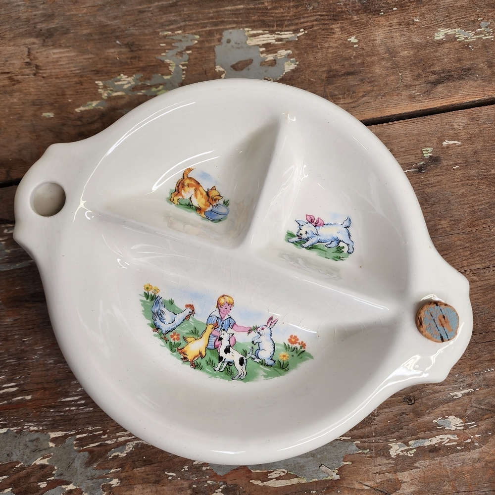 VINTAGE Children's Ceramic Warming Plate Child & Farm Animals